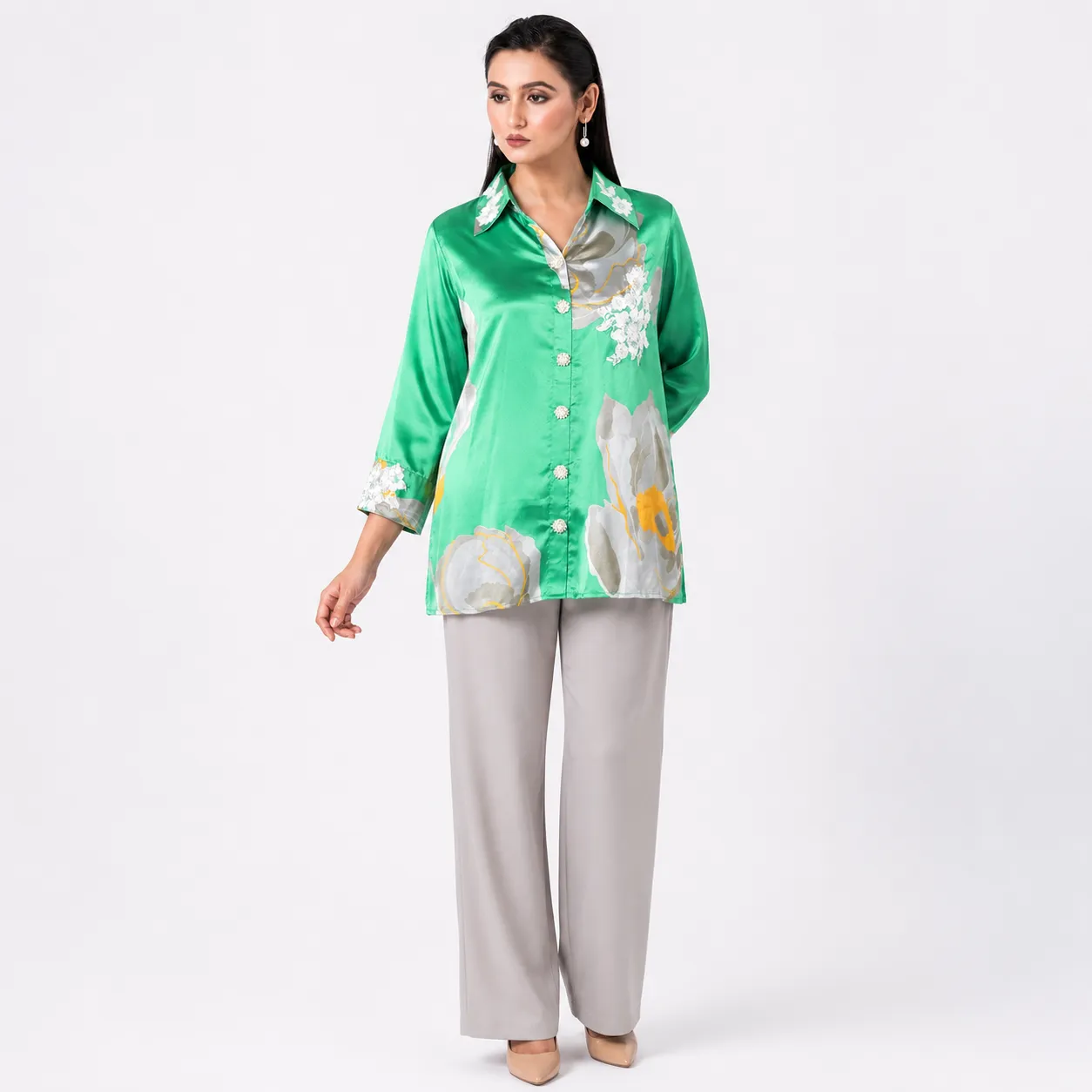 Green Satin Floral Print Button-Down Shirt